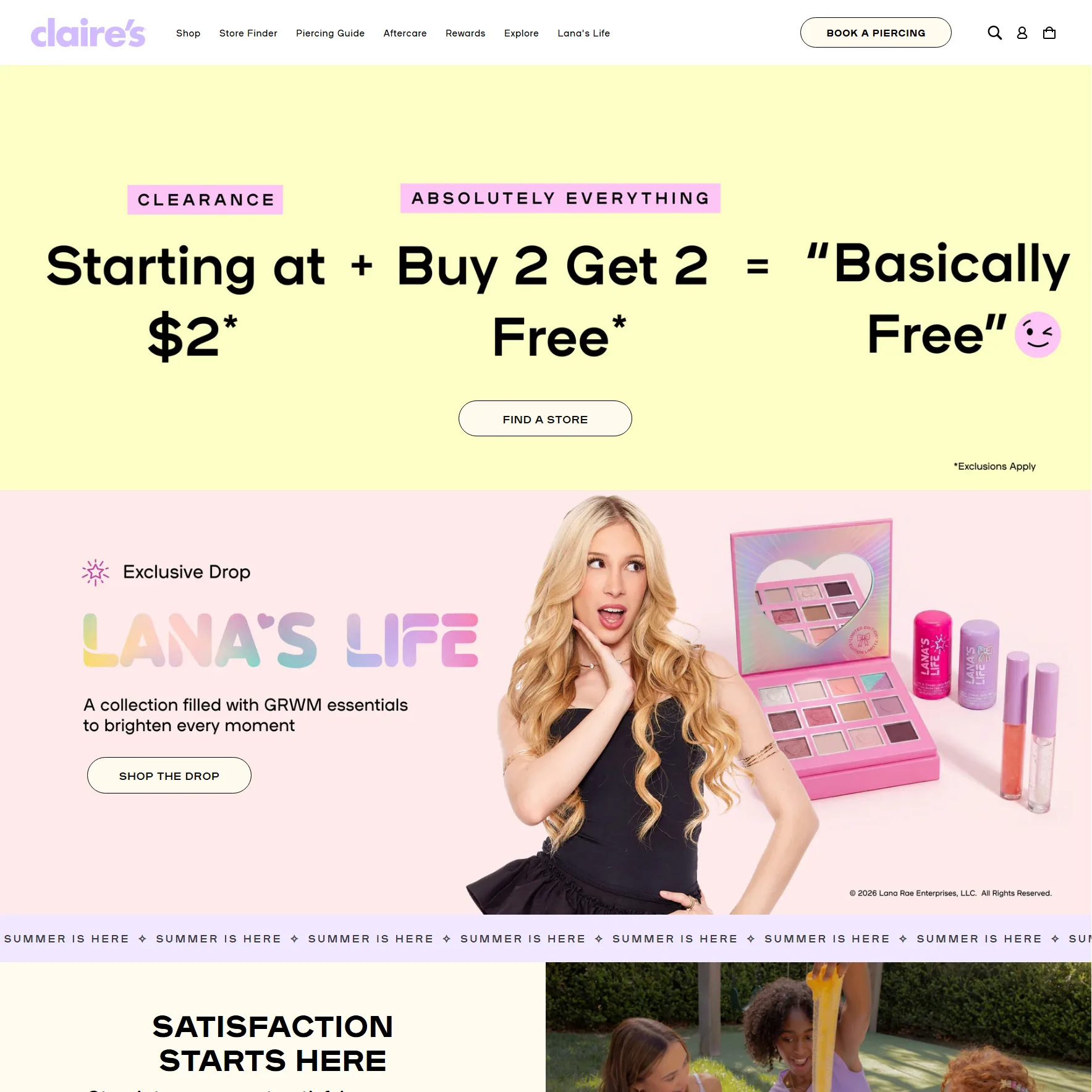 The top of the Claire's website