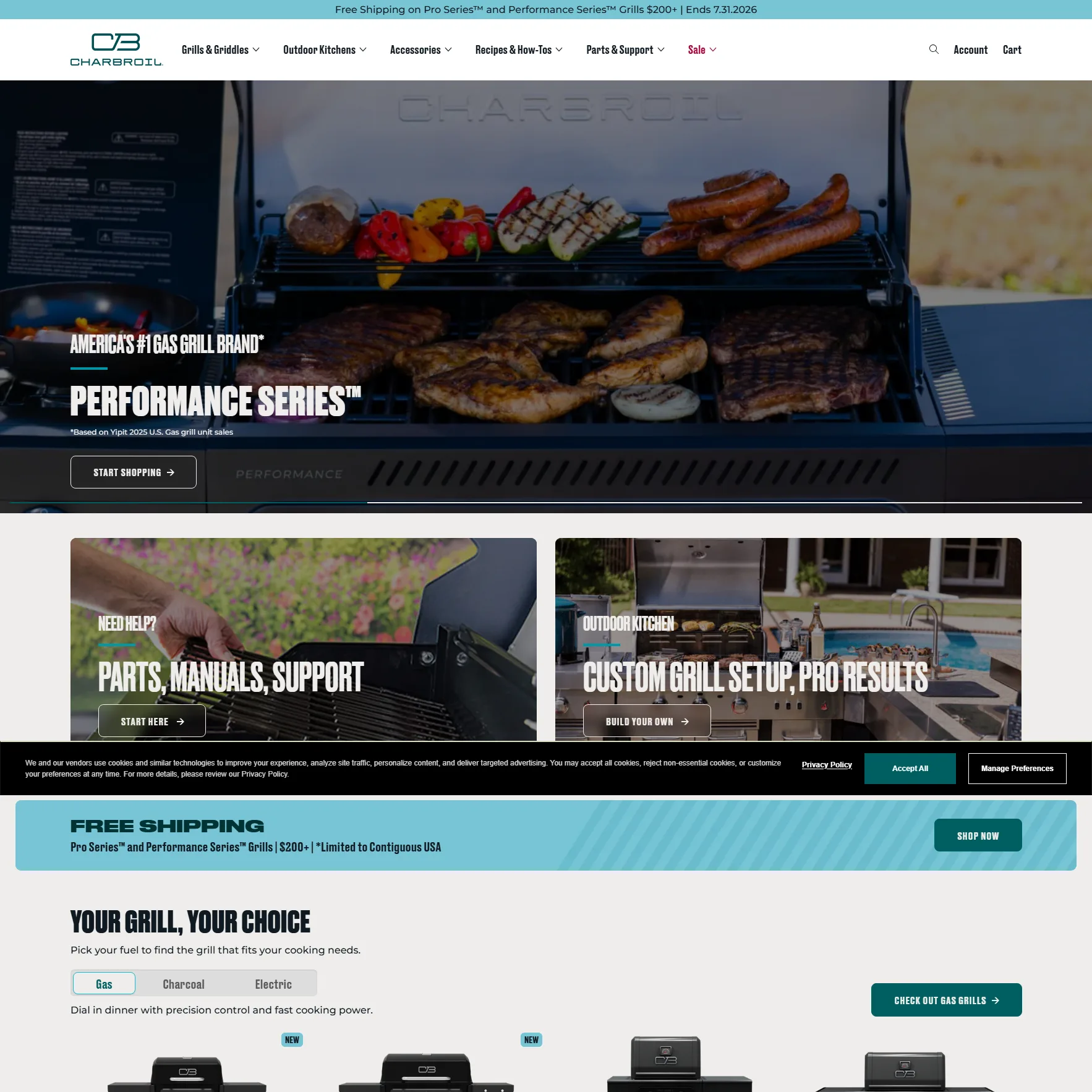 The top of the Charbroil website