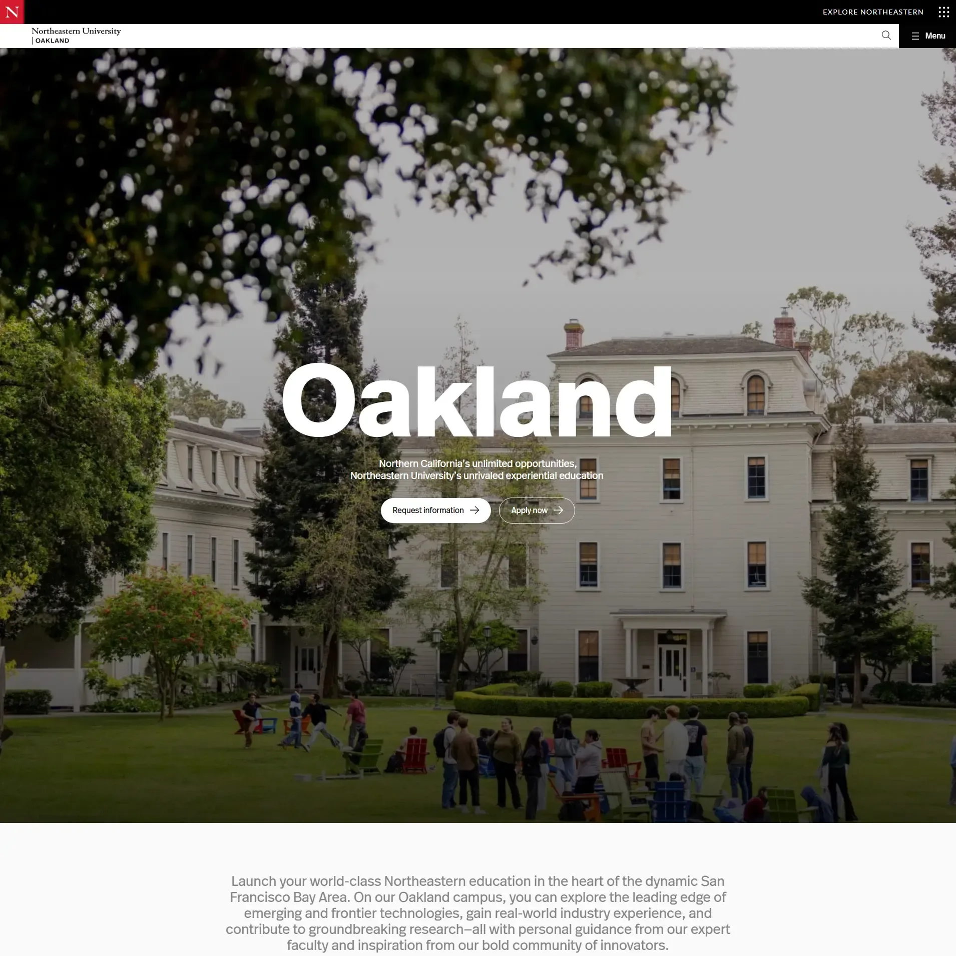 The top of the Northeastern University Oakland campus website